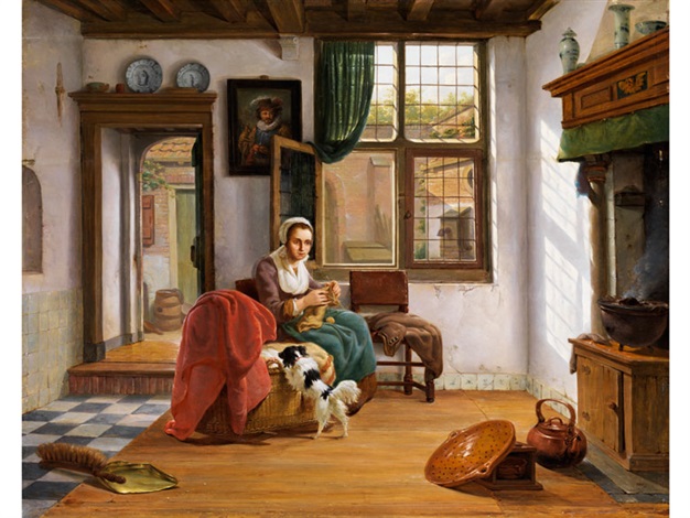 Holländisches Interieur mit strickender junger Frau und Hund by ... Holländisches Interieur mit strickender junger Frau und Hund by ...
