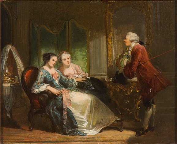 Zwei Damen lauschen einem eleganten Kavalier in herrschaftlichem ... Zwei Damen lauschen einem eleganten Kavalier in herrschaftlichem ...