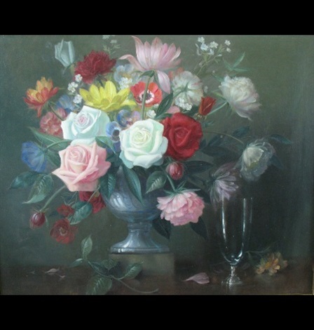Still Life Of A Vase Of Flowers An Empty Wine Glass To The Side