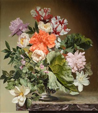 Still life of variegated tulips, peonies and... Still life of variegated tulips, peonies and...