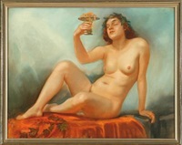 naked woman holding a centrepiece with jewellery by gudmund herman peter hentze