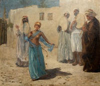 Escena orientalista con músicos y bailarina Escena orientalista con músicos y bailarina