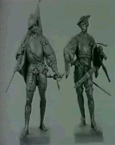 medieval soldiers one with sword and banner and one with cross bow