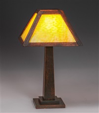 W.B. Brown Oak & Slag Glass Lamp c1910