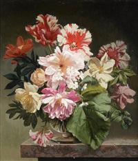 Still life of tulips, clematis and roses in a... Still life of tulips, clematis and roses in a...
