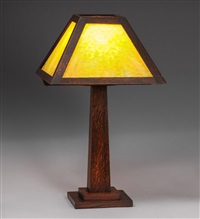 W.B. Brown Oak & Slag Glass Lamp c1910