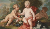 Drei Putti mit einem Spaniel vor... Drei Putti mit einem Spaniel vor...