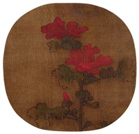双株竞秀 团扇 设色绢本