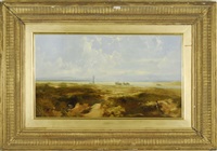 An expansive shoreline with lighthouse and vessels An expansive shoreline with lighthouse and vessels