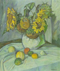 Stilleben mit Sonnenblumen und Früchten