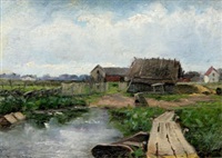 Sommarlandskap med gård och vattendrag