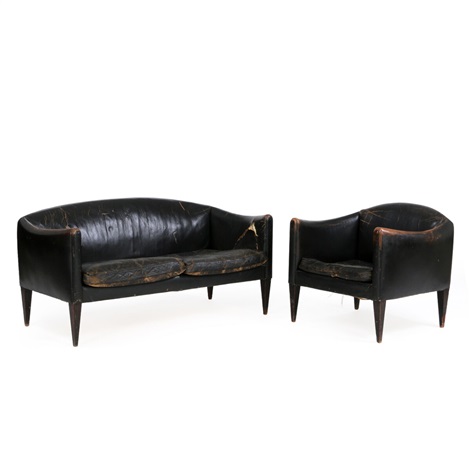 Two Seater Sofa And Easy Chair Upholstered With Black Leather By Two Seater Sofa And Easy Chair