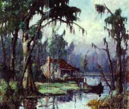 Louisiana Bayou With Cabin And Fisherman In A Pirogue By Knute