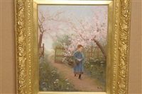 Young girl carrying a basket on a sunlit path in Young girl carrying a basket on a sunlit path in