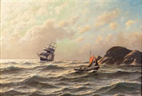 Dreimaster und Fischerboot an der Felsküste, 1900 Dreimaster und Fischerboot an der Felsküste, 1900