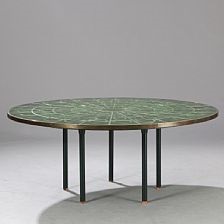 circular coffee table with green ornamented tiles, brass edge and circular coffee table with green ornamented tiles, brass edge and
