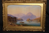 Scorcio di lago laziale con paese costiero e , 1858 Scorcio di lago laziale con paese costiero e , 1858
