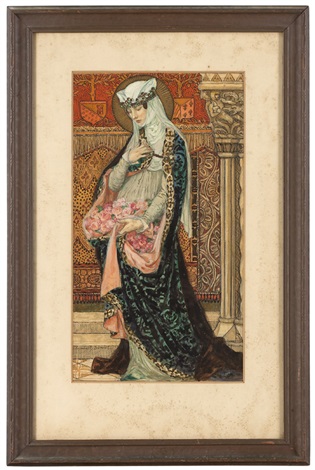 Art Nouveau female artists: portrait of a renaissance woman holding roses by élisabeth sonrel