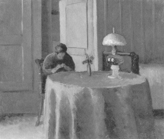 Interieur mit strickender Frau am Tisch by Leo Steck on artnet Interieur mit strickender Frau am Tisch by Leo Steck on artnet