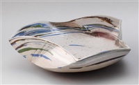 Angular stoneware bowl with tricolor abstract... Angular stoneware bowl with tricolor abstract...