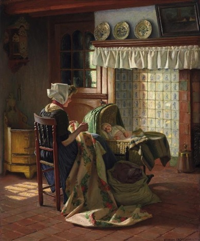 Holländisches Interieur. Junge Mutter beim Sticken, im Korb ihr ... Holländisches Interieur. Junge Mutter beim Sticken, im Korb ihr ...