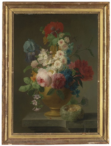 Roses Peonies An Iris And Other Flowers In A Vase With A Birds