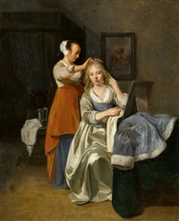 Eine Dame bei ihrer Toilette