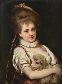 Young lady in fanciful attire cradling a lamb Young lady in fanciful attire cradling a lamb
