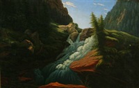 Fertile Norwegian landscape with a waterfall