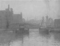 Harbor scene with bridge and shipping