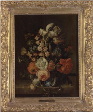 Still Life Of Flowers In A Glass Vase Resting On A Ledge By Rachel