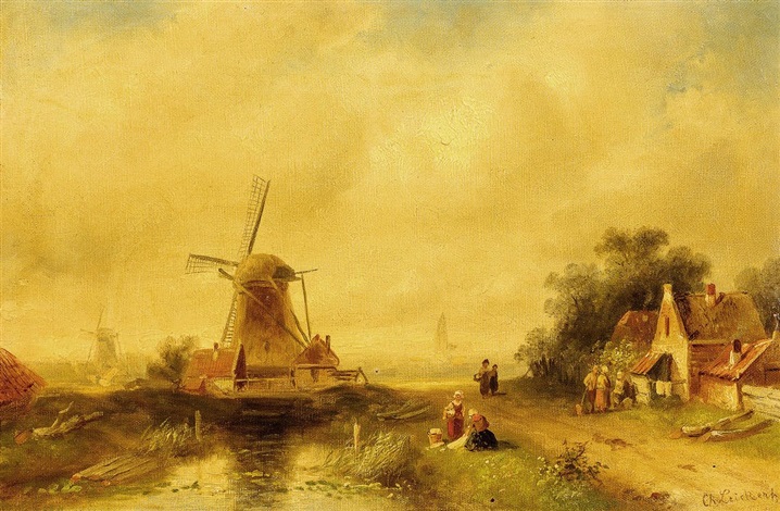 Sommerliche Niederlandische Flusslandschaft Mit Windmuhlen Und Alten Gehoften By Charles Henri Joseph Leickert On Artnet
