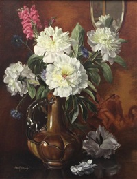 Peonies and stocks in a pottery vase