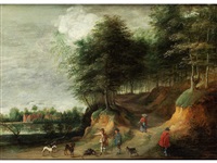 BEWALDETE LANDSCHAFT MIT JÄGER UND HUNDEN AUF... BEWALDETE LANDSCHAFT MIT JÄGER UND HUNDEN AUF...