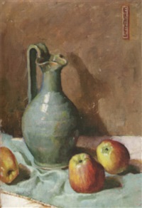 Still life with green pichter and apples