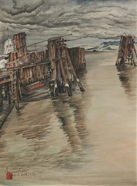 Watercolor Depicting a Boat Dock, 1937
