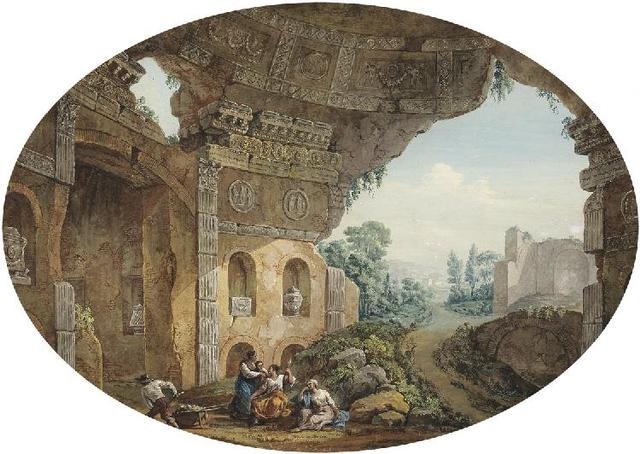 Eine Gruppe Frauen in römischen Tempelruinen by Hubert Robert on artnet