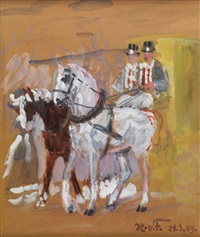 Pferdegespann vor einer Kutsche mit zwei..., 1909
