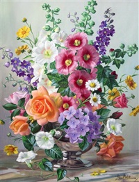 Summer flowers in a silver bowl