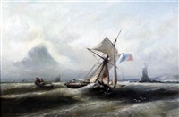 Fishing boat in a squall, a lighthouse beyond, 1854