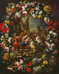 Flower-cartouche with the adoration of the Kings Flower-cartouche with the adoration of the Kings