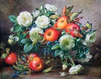 Apples and white roses in basket