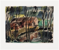 Gehöft neben Weiher hinter Bäumen, 1939 Gehöft neben Weiher hinter Bäumen, 1939