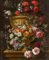 pair of still lifes with flowers in stone vases by jan-baptiste bosschaert