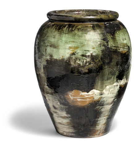 Large Earthenware Floor Vase Decorated With Black White Green
