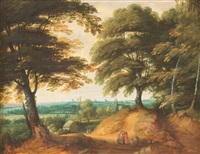 LANDSCHAFT MIT DORFANLAGE, IM VORDERGRUND BAUERN LANDSCHAFT MIT DORFANLAGE, IM VORDERGRUND BAUERN