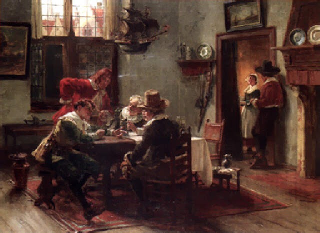 Niederrheinisches Interieur mit diskutierenden Ratsherren am Tisch ... Niederrheinisches Interieur mit diskutierenden Ratsherren am Tisch ...