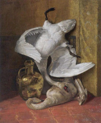 Großes Küchenstilleben mit zwei Schwänen und einem Messingkessel by