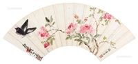 月季蛱蝶 fan leaf, 设色纸本
