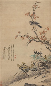 秋树苍鹰 (Hawk in tree with chrysanthemums and..., 1719